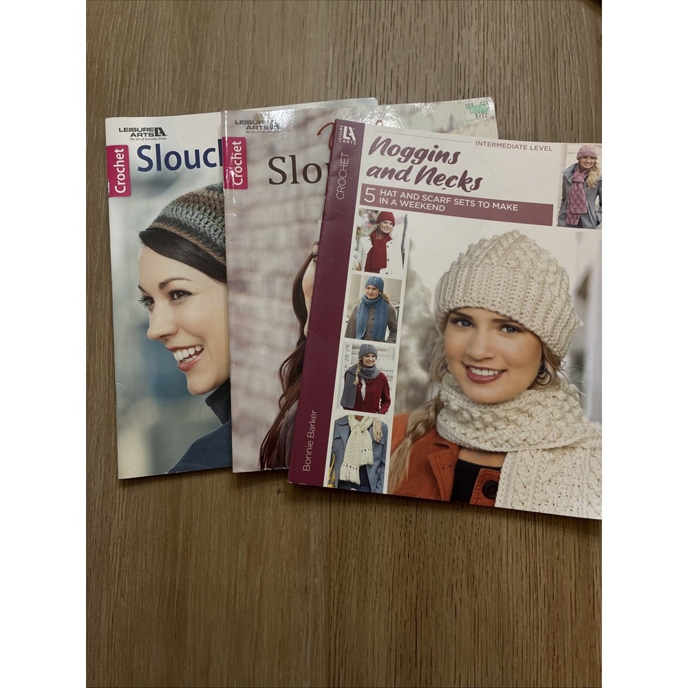 Lot Of 3 Leisure Art Crochet Slouch Hats Beanies Noggins & Necks Books